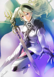 Rule 34 | 1girl, amasaki yusuke, black gloves, black hairband, cape, corrin (female) (fire emblem), corrin (fire emblem), fire emblem, fire emblem fates, floating hair, gloves, hair between eyes, hairband, holding, holding sword, holding weapon, leg up, leotard, long hair, looking at viewer, nintendo, pointy ears, red eyes, signature, silver hair, solo, sword, v-shaped eyebrows, weapon