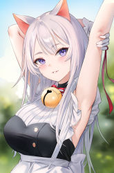Rule 34 | 1girl, animal ears, arm behind head, arms up, bell, blurry, blurry background, blush, commentary request, dress, emyo, gloves, highres, holding own arm, jingle bell, long hair, looking at viewer, neck bell, original, purple eyes, red ribbon, ribbon, silver hair, solo, stretching, upper body, white gloves