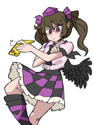 Rule 34 | 1girl, absurdres, bird wings, black footwear, black skirt, black wings, brown hair, cellphone, checkered clothes, checkered skirt, closed mouth, collared shirt, commentary, eddybird55555, english commentary, hat, highres, himekaidou hatate, holding, holding phone, looking at viewer, medium hair, phone, pointy ears, purple eyes, purple hat, purple skirt, shirt, short sleeves, simple background, skirt, solo, tokin hat, touhou, twintails, vanripper (style), white background, white shirt, wings