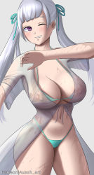 Rule 34 | 1girl, absurdres, ausoh, bikini, black clover, blush, breasts, curvy, highres, large breasts, micro bikini, nipples, noelle silva, one eye closed, purple eyes, see-through, silver hair, simple background, smile, string bikini, swimsuit, thick thighs, thighs, twintails, wet, wide hips