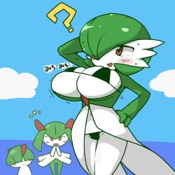 Rule 34 | 1boy, 2girls, ?, arm behind head, arm up, bikini, blue background, blush, breasts, bursting breasts, cloud, creatures (company), furry, game freak, gardevoir, gen 3 pokemon, green bikini, green hair, hair over one eye, hand on own hip, hand to own mouth, hands together, highres, kirlia, kuto tubuyaki, large breasts, multiple girls, navel, nintendo, ocean, open mouth, outdoors, pokemon, pokemon (creature), pokemon rse, ralts, red eyes, short hair, simple background, skindentation, sky, smile, standing, sweat, swimsuit, text focus, translation request, water
