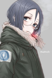 Rule 34 | 10s, 1girl, artist name, cigarette, coat, commentary request, earrings, emblem, from side, fur-trimmed coat, fur trim, girls und panzer, glasses, grey coat, grey eyes, grey hair, highres, hood, hooded coat, jewelry, mouth hold, one-hour drawing challenge, partial commentary, rumi (girls und panzer), selection university (emblem), short hair, signature, smoking, solo, tacch