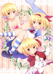 Rule 34 | 3girls, :d, :o, absurdres, alice (alice in wonderland), alice (alice in wonderland) (cosplay), alice in wonderland, ass, black footwear, blonde hair, blue dress, blush, bow, bow bra, bra, breasts, cleavage, commentary, cosplay, crystal, dress, fins, flandre scarlet, hair ribbon, hairband, head fins, highres, holding hands, hood, hood down, hyurasan, little red riding hood, little red riding hood (grimm), little red riding hood (grimm) (cosplay), long sleeves, looking at viewer, mary janes, mermaid, monster girl, monsterification, multiple girls, multiple persona, neck ribbon, open mouth, panties, pantyshot, pink bra, pink panties, puffy long sleeves, puffy short sleeves, puffy sleeves, red eyes, red hood, red ribbon, ribbon, shirt, shoes, short dress, short sleeves, side ponytail, small breasts, smile, socks, striped clothes, striped socks, the little mermaid, the little mermaid (andersen), touhou, underwear, upskirt, white shirt, wings