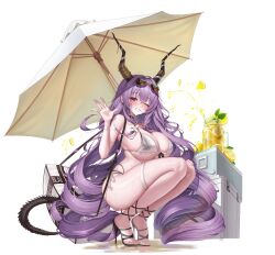 Rule 34 | 1girl, absurdres, arknights, bikini, breasts, eyewear on head, grin, high heels, highres, horns, jar, large breasts, lilac (k32420276), long hair, looking at viewer, one eye closed, parasol, pink eyes, purple hair, revision, side-tie bikini bottom, simple background, smile, solo, squatting, suitcase, sunglasses, swimsuit, thigh strap, thighs, typhon (arknights), umbrella, very long hair, white background, white bikini