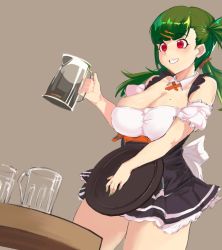 Rule 34 | 1girl, bare shoulders, beer mug, blush, breasts, cleavage, cup, g28 (beer ranch) (girls&#039; frontline), g28 (girls&#039; frontline), girls&#039; frontline, green hair, green nails, grin, hair ornament, hitobashira (1746164306), holding, large breasts, long hair, mole, mole on breast, mug, nail polish, official alternate costume, red eyes, smile, solo, standing, waitress