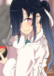 Rule 34 | 10s, 1girl, 2016, alternate costume, apron, black hair, bowl, closed mouth, commentary request, eyebrows, hair over one eye, hair ribbon, hayashimo (kancolle), holding, holding bowl, kantai collection, kappougi, long hair, looking at viewer, ponytail, purple eyes, ribbon, ru2n131, signature, smile, solo, soup ladle, white ribbon