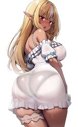 1girl ass back bare_shoulders blonde_hair breasts cowboy_shot dark-skinned_female dark_elf dark_skin dress elf frilled_dress frills from_behind highres hololive large_breasts light_blush long_hair looking_at_viewer looking_back multicolored_hair open_mouth panties pointy_ears red_eyes sakanaya_(sakanaya952) see-through_clothes see-through_dress shiranui_flare shiranui_flare_(loungewear) short_dress solo sundress thigh_strap thighs underwear virtual_youtuber white_background white_dress