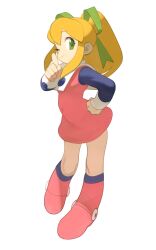 Rule 34 | 1girl, closed mouth, full body, green eyes, green ribbon, hair ribbon, hand on own hip, hand up, highres, long sleeves, looking at viewer, mega man (series), one eye closed, ponytail, ribbon, roll (mega man), simple background, smile, solo, white background, zubuzubu (gogo zubu)