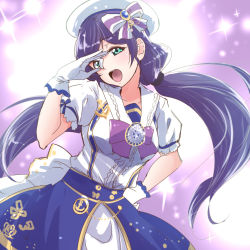 Rule 34 | 1girl, anchor symbol, artist name, artist request, back bow, blue skirt, blush, bow, collarbone, dress, female focus, frilled dress, frills, gloves, green eyes, hat, long hair, looking at viewer, love live!, love live! school idol festival, love live! school idol project, one eye closed, parted lips, purple hair, shirt, skirt, smile, solo, tojo nozomi, twintails, urutsu, white bow, white gloves, white hat, white shirt