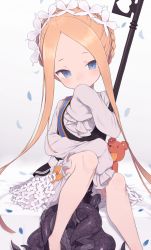 Rule 34 | 1girl, abigail williams (fate), abigail williams (festival outfit) (fate), black skirt, blonde hair, blue eyes, blush, braid, breasts, covering own mouth, dress, fate/grand order, fate (series), forehead, french braid, gamuo, gradient background, heroic spirit festival outfit, highres, key, layered skirt, long hair, long sleeves, looking at viewer, maid headdress, official alternate costume, sash, sidelocks, sitting, skirt, small breasts, solo, staff, stuffed animal, stuffed toy, teddy bear, tentacles, white background, white dress