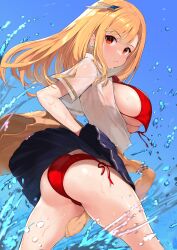 Rule 34 | 1girl, absurdres, ass, bikini, bikini under clothes, blonde hair, blue background, blue skirt, blush, breasts, cardigan, cardigan around waist, clothes around waist, commentary request, frown, hair ornament, highres, kirikawa ikumu, large breasts, long hair, looking at viewer, looking back, original, red bikini, red eyes, school uniform, shirt, skirt, solo, swimsuit, water, water drop, wet, wet clothes, wet shirt, white shirt