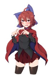 Rule 34 | 1girl, absurdres, agu (antyosan), ahoge, black shirt, black thighhighs, blush, cloak, cowboy shot, fang, heart, heart hands, highres, long sleeves, looking at viewer, open mouth, red eyes, red hair, red skirt, sekibanki, shirt, simple background, skin fang, skirt, solo, sweat, thighhighs, touhou, v-shaped eyebrows, white background