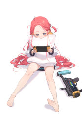 Rule 34 | 1girl, absurdres, bare legs, barefoot, blue archive, blue eyes, blush, bow, braid, fei mao, forehead, full body, grenade launcher, hair bow, handheld game console, highres, long hair, m320, modular weapon system, multiple hair bows, one side up, parted bangs, pillow, playing games, red hair, simple background, sitting, solo, stand-alone configuration, toes, very long hair, weapon, white background, yuzu (blue archive)