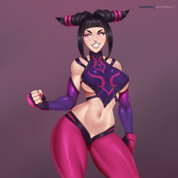 Rule 34 | 1girl, breasts, doom x wolf, drill hair, female focus, fingerless gloves, gloves, gluteal fold, han juri, highres, large breasts, midriff, nail polish, purple eyes, solo, street fighter, thick thighs, thighs, twin drills