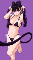 Rule 34 | 1girl, absurdres, animal ears, bikini, black bikini, black hair, breasts, cat ears, cat tail, commentary request, highres, holding, holding own hair, key (kagibangou), long hair, looking at viewer, medium breasts, navel, original, purple background, purple eyes, simple background, smile, solo, standing, standing on one leg, swimsuit, tail, twintails