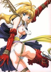 Rule 34 | 1girl, ass, blonde hair, blue eyes, blue theme, cropped, gloves, highres, knight, magic, makino ryuuichi, medieval, nipples, original, poster (medium), scan, scan artifacts, solo, source request, thighhighs
