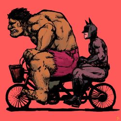 Rule 34 | 2boys, batman, batman (series), bicycle, black hair, bruce wayne, cape, colored skin, crossover, dc comics, green skin, hulk, male focus, marvel, mask, multiple boys, muscular
