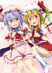 Rule 34 | 2girls, ascot, ass, blonde hair, blue hair, blush, brooch, collar, d:, animal collar, dress shirt, fang, fetal position, flandre scarlet, hat, heart, heart-shaped pupils, highres, jewelry, knees together feet apart, kuzumomo, leash, legs, looking at viewer, mob cap, multiple girls, open mouth, red eyes, remilia scarlet, ribbon, shirt, siblings, side-by-side, sisters, skirt, socks, symbol-shaped pupils, thigh gap, touhou, vest, wrist cuffs