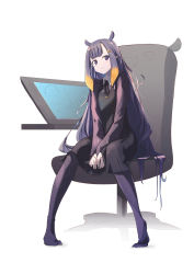 Rule 34 | 1girl, absurdres, between legs, black dress, black neckerchief, blunt bangs, blush, chair, collar, collared shirt, commentary, drawing tablet, dress, english commentary, gradient hair, hand between legs, highres, hololive, hololive english, knees together feet apart, legs, long hair, long sleeves, looking at viewer, multicolored hair, neckerchief, ninomae ina&#039;nis, ninomae ina&#039;nis (casual), no shoes, orange hair, pantyhose, purple eyes, purple hair, purple pantyhose, purple sleeves, shirt, short dress, simple background, sitting, smile, solo, tallgeese (lgeesel), toes, virtual youtuber, white background, white collar
