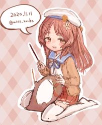 Rule 34 | 1girl, blue sailor collar, bokukawauso, brown cardigan, brown eyes, brown hair, cardigan, commentary request, dated, flower, food, gloves, hair flower, hair ornament, hat, highres, kantai collection, long hair, one side up, open cardigan, open clothes, otter, pleated skirt, pocky, pocky day, red skirt, sailor collar, sailor hat, sailor shirt, shirt, skirt, solo, thighhighs, twitter username, wavy hair, white gloves, white shirt, white thighhighs, wss (nicoseiga19993411), yashiro (kancolle)