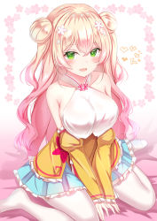 Rule 34 | 1girl, aqua skirt, bare shoulders, blonde hair, breasts, breasts squeezed together, collarbone, flower, frilled skirt, frills, gradient hair, green eyes, hair between eyes, hair flower, hair ornament, highres, hololive, large breasts, long hair, looking at viewer, miniskirt, momosuzu nene, multicolored hair, no shoes, pantyhose, pink hair, pleated skirt, seiza, shirt, sitting, skirt, sleeveless, sleeveless shirt, solo, v arms, virtual youtuber, white pantyhose, yuano