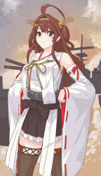 Rule 34 | 10s, 1girl, ahoge, blue eyes, brown hair, brown thighhighs, detached sleeves, double bun, hair bun, hair rings, hairband, hands on own hips, highres, huge ahoge, japanese clothes, kantai collection, kongou (kancolle), long hair, looking at viewer, muzy, nontraditional miko, pout, skirt, solo, standing, thighhighs, wide sleeves, zettai ryouiki