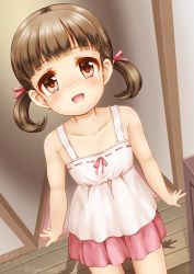 Rule 34 | 1girl, :d, bare arms, bare shoulders, blush, brown eyes, brown hair, collarbone, commentary request, doujima nanako, dress, hair ribbon, highres, indoors, looking at viewer, open mouth, persona, persona 4, pink ribbon, pink skirt, pleated skirt, regular mow, ribbon, ribbon-trimmed dress, signature, skirt, sleeveless, sleeveless dress, smile, solo, standing, twintails, twitter username, white dress