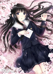 Rule 34 | 1girl, artist name, badge, black hair, black skirt, blush, branch, buttons, cherry blossoms, collarbone, dutch angle, graduation, hand on own chest, heart, jacket, kazuharu kina, letter, long hair, long sleeves, looking at viewer, love letter, lying, on back, original, parted lips, petals, pleated skirt, school uniform, skirt, solo, tearing up, tube, watermark, web address