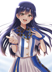 Rule 34 | 1girl, backlighting, black shirt, blue hair, blue ribbon, blush, brown eyes, buttons, collared shirt, dars (recolors), dress, earrings, frilled sleeves, frills, gold trim, gradient background, highres, idol, idolmaster, idolmaster (classic), jewelry, kisaragi chihaya, long hair, multicolored clothes, neck ribbon, open mouth, ribbon, shirt, skirt, smile, solo, teeth, upper teeth only, white dress, white skirt