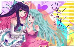 Rule 34 | 10s, 2girls, blue hair, breasts, cleavage, crossover, dress, elbow gloves, female focus, gloves, green eyes, highres, long hair, looking at viewer, me!me!me!, meme (me!me!me!), multicolored hair, multiple girls, panty &amp; stocking with garterbelt, purple eyes, ribbon, shinaishadow, skirt, stocking (psg)