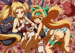 Rule 34 | 2girls, arc system works, ass, blazblue, blazblue: continuum shift, blonde hair, bow, candy, cat, choker, creature, crop top, cup, flower, food, gii, green eyes, grin, hair intakes, hair ribbon, headband, heart, heart-shaped pupils, bridal garter, lingerie, lollipop, long hair, low-tied long hair, multiple girls, nago, plate, platinum the trinity, quad tails, rachel alucard, red eyes, red flower, red rose, ribbon, rose, sidelocks, sitting, smile, symbol-shaped pupils, teacup, thighhighs, twintails, two side up, underwear, vinhnyu, wand, white legwear