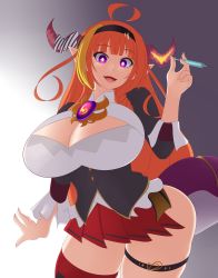 Rule 34 | 1girl, absurdres, ahoge, black shirt, blunt bangs, bow, breasts, brooch, cleavage, cleavage cutout, clothing cutout, dragon girl, dragon horns, dragon tail, female focus, gradient background, headband, highres, hololive, horns, huge breasts, jcdr, jewelry, kiryu coco, kiryu coco (1st costume), long hair, long sleeves, looking at viewer, miniskirt, open mouth, orange hair, pleated skirt, pointy ears, purple eyes, red skirt, shirt, sidelocks, single thighhigh, skirt, solo, syringe, tail, thigh strap, thighhighs, virtual youtuber