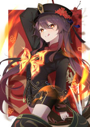 Rule 34 | 1girl, :p, absurdres, arm up, black headwear, black shorts, brown hair, bug, butterfly, chinese clothes, fire, flower, genshin impact, highres, holding, holding polearm, holding weapon, hu tao (genshin impact), huge filesize, bug, long sleeves, looking at viewer, mumei (mumei 7743), polearm, red eyes, short shorts, shorts, smile, solo, star-shaped pupils, star (symbol), symbol-shaped pupils, tongue, tongue out, weapon