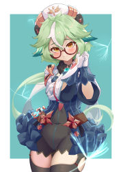 Rule 34 | 1girl, absurdres, animal ears, beret, black thighhighs, blue dress, blush, cat ears, covered navel, dress, genshin impact, gggggw, glasses, gloves, gold trim, green hair, hat, highres, long hair, long sleeves, looking at viewer, multicolored hair, open mouth, orange eyes, own hands together, ponytail, semi-rimless eyewear, solo, sucrose (genshin impact), thighhighs, vision (genshin impact)