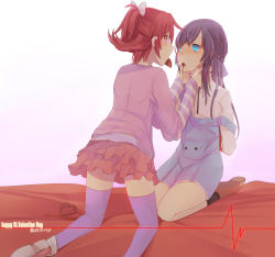 Rule 34 | 2girls, aida mana, arms behind back, bdsm, blouse, blue eyes, blue hair, bondage, bound, bound wrists, candy, chocolate, chocolate heart, couple, dokidoki! precure, finger in another&#039;s mouth, flipped hair, food, half updo, happy valentine, heart, highres, hinagi (fox priest), hishikawa rikka, kneeling, long hair, mouth hold, multiple girls, open mouth, pink eyes, pink hair, pink shirt, ponytail, precure, shirt, short hair, skirt, thighhighs, valentine, yuri, zettai ryouiki