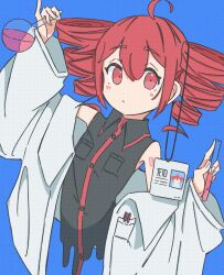 Rule 34 | 1girl, ahoge, arm up, bare shoulders, black shirt, blue background, body writing, breast pocket, buttons, closed mouth, coat, collared shirt, cropped torso, drill hair, facial mark, flask, flat chest, hair between eyes, highres, holding, holding flask, holding test tube, id card, igaku (utau), kasane teto, lab coat, long sleeves, looking at viewer, nunono negi, off shoulder, open clothes, open coat, pocket, red eyes, red hair, round-bottom flask, shirt, sleeveless, sleeveless shirt, solo, test tube, twin drills, upper body, utau, white coat