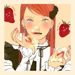 Rule 34 | 1girl, aqua eyes, black ribbon, blush, border, cake, commentary, earrings, english text, food, food-themed earrings, food on face, freckles, fruit, hair ornament, highres, holding, holding food, jewelry, long hair, long sleeves, looking at viewer, nail polish, neck ribbon, original, pink nails, red hair, ribbon, satou sugar18, simple background, solo, strawberry, symbol-only commentary, tears, tongue, tongue out, upper body, yellow background, yellow border