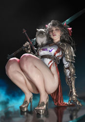 Rule 34 | 1girl, absurdres, animal, animal on shoulder, arm support, armor, ass, bare legs, belt, black hair, breasts, cape, cat, from below, gauntlets, gold trim, high heels, highres, holding, holding sword, holding weapon, large breasts, light smile, lips, long hair, looking at viewer, nail polish, original, realistic, reflective floor, shoulder armor, side slit, solo, squatting, sword, teeth, toenail polish, toenails, upper teeth only, vergilhoo, weapon