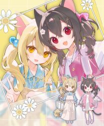 Rule 34 | 2girls, :3, :d, ahoge, animal ears, bag, black hair, blonde hair, blue shirt, bow, brown dress, cat ears, cat girl, cat tail, chibi, closed mouth, collared shirt, commentary request, commission, dress, dress shirt, fang, flower, grey outline, hair bobbles, hair bow, hair flower, hair ornament, hairclip, highres, holding, holding bag, jacket, letterman jacket, long hair, long sleeves, multiple girls, open clothes, open jacket, open mouth, orange eyes, original, pink bow, pink footwear, pink jacket, puffy long sleeves, puffy sleeves, red eyes, shirt, shoes, side ponytail, skeb commission, sleeveless, sleeveless dress, sleeves past wrists, smile, tail, v, watermark, white flower, white footwear, x hair ornament, yamiko