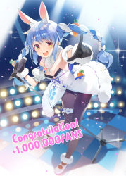 Rule 34 | 1girl, animal ear fluff, animal ears, black gloves, blue hair, braid, breasts, bridal garter, carrot hair ornament, coat, commentary request, confetti, food-themed hair ornament, full body, fur collar, fur trim, gloves, hair ornament, hand up, highres, hololive, leotard, leotard under clothes, long hair, looking at viewer, microphone, microphone stand, multicolored hair, open mouth, orange eyes, pantyhose, pointing, pointing at viewer, puffy short sleeves, puffy sleeves, rabbit ears, rabbit girl, shiny skin, shoes, short sleeves, simple background, small breasts, solo, sparkle, strapless, strapless leotard, symbol-shaped pupils, thigh strap, twin braids, twintails, two-tone hair, usada pekora, usada pekora (1st costume), virtual youtuber, white hair, yuuki hagure