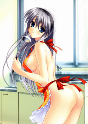Rule 34 | 00s, 1girl, absurdres, apron, ass, blue eyes, blush, breasts, clannad, highres, kitchen, ladle, long hair, naked apron, sakagami tomoyo, sideboob, silver hair, solo, tomoyo after