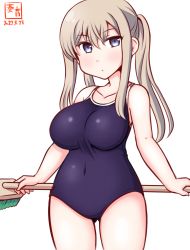 Rule 34 | 1girl, alternate costume, artist logo, blonde hair, blue one-piece swimsuit, breasts, cleaning brush, collarbone, commentary request, competition school swimsuit, cowboy shot, dated, gluteal fold, graf zeppelin (kancolle), grey eyes, hair between eyes, kanon (kurogane knights), kantai collection, large breasts, one-hour drawing challenge, one-piece swimsuit, school swimsuit, sidelocks, simple background, solo, standing, swimsuit, thigh gap, tsurime, twintails, white background