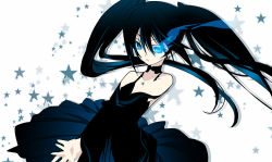 Rule 34 | 10s, 1girl, bad id, bad pixiv id, bare shoulders, black dress, black hair, black rock shooter, black rock shooter (character), blade (galaxist), blue eyes, blue nails, choker, dress, glowing, glowing eye, glowing eyes, long hair, nail polish, own hands clasped, own hands together, pale skin, solo, star (symbol), twintails, uneven twintails, v arms, very long hair, vocaloid