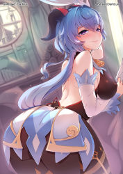 Rule 34 | 1other, 2girls, ass, bare shoulders, blue hair, blush, bodysuit, breasts, cloud retainer (genshin impact), darklux, detached sleeves, from behind, ganyu (genshin impact), genshin impact, goat horns, highres, horns, huge ass, large breasts, leotard, long hair, looking at viewer, looking back, multiple girls, pantyhose, purple eyes, qiqi (genshin impact), shiny clothes, shiny skin, sideboob, smile, solo focus, very long hair, waist cape, xianyun (genshin impact)