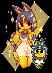 Rule 34 | 2girls, :3, animal crossing, animal ears, ankha (animal crossing), black eyes, blonde hair, blunt bangs, blunt ends, blush, body fur, breasts, cat ears, cat girl, cat tail, colored skin, commentary, cropped legs, dress, egyptian, egyptian clothes, eyeliner, furry, furry female, groin, hair ornament, hand up, highres, looking up, makeup, multicolored hair, multiple girls, nintendo, purple eyes, rariatto (ganguri), short hair, simple background, snake hair ornament, standing, streaked hair, striped tail, tail, two-tone hair, usekh collar, white dress, yellow fur, yellow skin