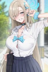 Rule 34 | 1girl, amyu (amm asl pa), asuna (blue archive), bag, black choker, black skirt, blonde hair, blue archive, blue bow, blue bowtie, blue eyes, blue halo, blue nails, blue ribbon, blue scrunchie, blurry, blurry background, blush, bow, bowtie, breasts, choker, cleavage, commentary request, hair ribbon, halo, highres, large breasts, looking at viewer, outdoors, partial commentary, ribbon, school bag, school uniform, scrunchie, shirt, skirt, smile, solo, tree, uniform, v, white shirt, wrist scrunchie