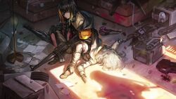 Rule 34 | 2girls, amputee, armband, artist request, assault rifle, black footwear, black hair, black hoodie, boots, box, braid, broken, bullet hole, cardboard box, check artist, colored shoe soles, corpse, couch, day, double amputee, expressionless, eyepatch, game cg, girls&#039; frontline, gun, headphones, headphones around neck, hk416 (girls&#039; frontline), holding, holding gun, holding weapon, hood, hoodie, indoors, infukun, long hair, looking to the side, m16, m16a1, m16a1 (girls&#039; frontline), magazine (weapon), microphone stand, multicolored hair, multiple girls, official art, orange hair, paper, rifle, sangvis ferri, shadow, shell casing, short hair, single braid, sitting, sitting on person, solo focus, streaked hair, table, toolbox, weapon, white hair, yellow armband