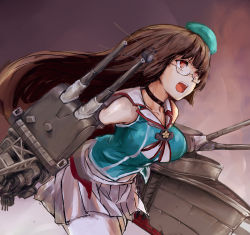 Rule 34 | 1girl, breasts, choker, choukai (kancolle), choukai kai ni (kancolle), glasses, hat, headgear, kantai collection, large breasts, long hair, mini hat, nona (goodboy), open mouth, pleated skirt, red eyes, rigging, simple background, skirt, sleeveless, solo