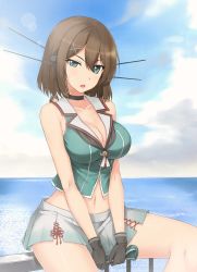 Rule 34 | &gt;:o, 2girls, :o, bad id, bad pixiv id, bare arms, bare shoulders, between legs, black gloves, blue sky, blush, breasts, brown hair, cleavage, cloud, collarbone, day, fairy (kancolle), ghound, gloves, green eyes, green hat, green vest, grey skirt, hair ornament, half-closed eye, hand between legs, hat, headgear, highres, horizon, kantai collection, large breasts, looking at viewer, maya (kancolle), mini person, minigirl, multiple girls, navel, ocean, on shoulder, open mouth, outdoors, pleated skirt, railing, sailor collar, short hair, skirt, sky, stomach, sweat, thighs, uneven eyes, unworn hat, unworn headwear, v-shaped eyebrows, vest, water, x hair ornament