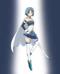 Rule 34 | 10s, 1girl, akiran (r32), ankle boots, blue eyes, blue hair, boots, breasts, cape, detached sleeves, gloves, hand on own hip, magical girl, mahou shoujo madoka magica, mahou shoujo madoka magica (anime), matching hair/eyes, miki sayaka, parted bangs, short hair, skirt, small breasts, solo, sword, thighhighs, weapon, white gloves, white thighhighs